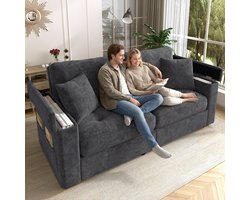 Moderne tweezitsbank met armleuningopslag - inclusief 2 comfortabele kussens - donkergrijs