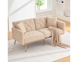 Moderne tweezitsbank voor de woonkamer, tweezitsbank met kussens, fluwelen bank met verstelbare rugleuning, comfortabele slaapbank met bekleding en metalen poten voor kleine ruimtes, beige