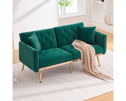 Moderne tweezitsbank voor de woonkamer, tweezitsbank met kussens, fluwelen bank met verstelbare rugleuning, comfortabele slaapbank met bekleding en metalen poten voor kleine ruimtes, groen