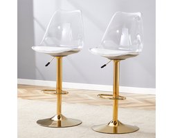Moderne, verstelbare barkrukken set, 2 stuks met transparante kunststof rugleuningen en zittingen van PU-leer, goudkleurige metalen poten. In hoogte verstelbaar en 360° draaibaar, geschikt voor keukens, bistro's, etc.