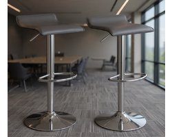 Moderne Verstelbare Barkrukken Set van 2 – 360° Draaibaar – PVC Leren Zitting – Met Rugleuning & Voetensteun – Grijs & Zilver – Keuken- en Barstoelen-Casa Serena