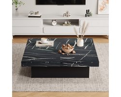 Moderne vierkante marmeren salontafel - 90 x 90 x 25 cm - vier laden - uitschuifbaar blad - zwart