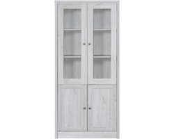 Moderne Vitrinekast hoge kast 80x34x171 cm – houtlook met glazen deuren, 2 houten deuren en koperen handgrepen – opbergruimte voor de woonkamer, kantoor en hal