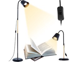 Moderne Vloerlamp - Zwarte Staande Lamp met Houtlook - Verstelbare Hoogte - Universele E27-fitting tot 60W - Stabiele Metalen Voet - Montage Zonder Gereedschap - Voor Woonkamer, Slaapkamer, Studeerkamer en Leeshoek