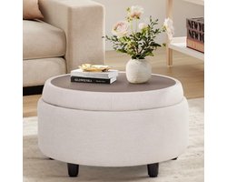 Moderne Voetenbank met Opbergruimte, Gevoerde Ronde Poef voor Woonkamer en Slaapkamer, Beige