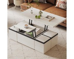 Moderne Vouwbare Salontafel Set met 4 Krukken - Ruimtebesparende Uittrekbare Eettafel met Draaibare Wielen en Multifunctioneel Ontwerp