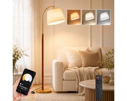 Moderne Walnoot Houten Vloerlamp 170 cm - Staande lamp met Linnen Verstelbare Kap - hoeklamp Dimbaar RGB - App, Afstandsbediening en Timer - Sfeerlamp voor Woonkamer en Slaapkamer