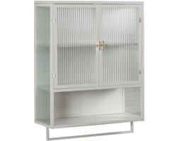 Moderne wandkast met glazen deuren van 60 cm met twee deuren, twee gesloten opbergvakken, een open plank en een handdoekenrek, voor hal, woonkamer, badkamer, eetkamer, wit