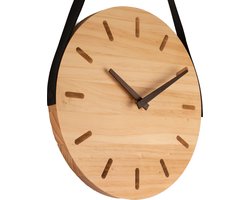Moderne wandklok van hout en leder - Ø30CM - Design - Hout en zwart - Woondecoratie - Industriële klok - Minimalistisch - Stil uurwerk
