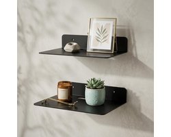 Moderne Wandplank met Kabelopening - 2-delig Set van Zwart Staal voor Woonkamer, Keuken en Badkamer, Ideaal voor TV Boxen en Decoratie