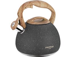 Moderne waterketel, inductie, fluitketel van roestvrij staal, voor alle kookplaten, fluitketel met houten handvat, waterkoker voor thee, koffie, ca. 3 liter, steenachtig