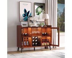 Moderne wijnkast met LED-verlichting, wijnrekken en glasdragers, glazen deuren – Vrijstaand dressoir voor woonkamer, keuken en eetkamer – 120×90×40 cm – Walnootkleur