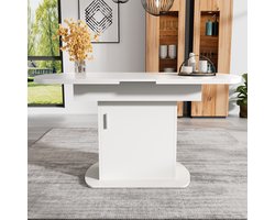Moderne Witte Eettafel 110-130 cm - Ovale Uitschuiftafel Met Kastje En Opbergruimte - Multifunctionele Tafel