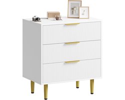 Moderne witte geribbelde ladekast - Houten kist met 3 lades en gouden metalen handgrepen en poten - Nachtkastje voor in de slaapkamer, opbergmeubel voor in de woonkamer of hal - Afmetingen: 71 x 43 x 76 cm, drie lades
