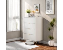 Moderne witte ladekast, 4 laden, houten kast met anti-kantelontwerp, met hoogwaardige metalen handgrepen en poten, kast voor woonkamer, slaapkamer