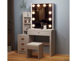 Moderne Witte Make-up tafel - Instelbare LED Verlichting - Kaptafel met Spiegel - 4 Laden - Met Kruk - Aanpasbare Planken - Stijlvolle Opslag voor Make-up