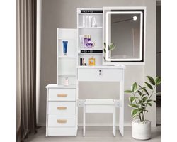Moderne Witte Make-up tafel met Instelbare LED Verlichting - Kaptafel met Spiegel, 4 Laden - Met Slot en Aanpasbare Planken - Stijlvolle Opslag voor Make-up