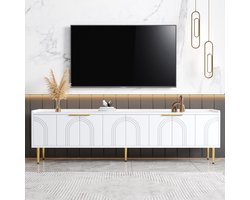 Moderne witte TV-kast met gestructureerde deuren – Stijlvol lowboard met gouden handgrepen en poten, 170×35×47,5 cm