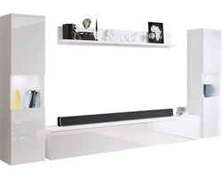 Moderne Woonkamer Wandmeubelset – 4-delig – TV-Meubel 180 cm, 2 Vitrinekasten & Wandplank – Hangend of Staand – Wit Hoogglans & Wit Mat