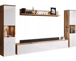 Moderne Woonkamer Wandmeubelset – 4-delig – TV-Meubel 180 cm, 2 Vitrinekasten & Wandplank – Hangend of Staand – Wotan Eiken & Wit Hoogglans