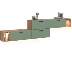 Moderne woonwand met verlichting in artisan eik en smoke green - 276 cm breed