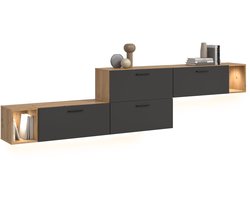 Moderne woonwand met verlichting in artisan eik - Stijlvolle opbergoplossing voor elke ruimte - 276cm