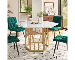 Moderne zeshoekige marmeren eettafel - metalen takkenonderstel - minimalistische salontafel - voor eetkamer en woonkamer - goudkleurig