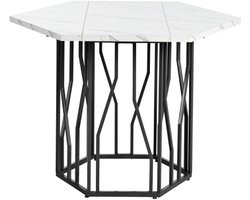 Moderne zeshoekige marmeren eettafel, zwart metalen frame, eenvoudige esthetische salontafel, geschikt voor eetkamer en woonkamer