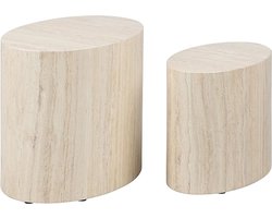 Moderne Zettafels Set van 2 – Ovalen Tafels met Travertine Look – Ideaal als Plantstand, Zijtafel of Accenttafel – Houtmateriaal met Duurzaam Papieroppervlak – 48x40x33 cm en 40x33x24,5 cm