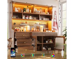 Moderne zijkast 145x39x171 cm - met LED-verlichting en app - hoge kast met geperforeerd paneel - lades en glazen planken - walnootkleur