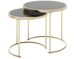 Moderne Zwarte en Gouden Bijzettafel Set van 2 - Ronde Glazen Nesttafels voor Woonkamer
