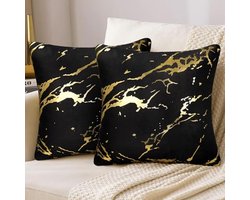 Moderne zwarte en gouden fluwelen kussenslopen 40 x 40 cm, set van 2 met luxe marmerpatroon voor bank en slaapkamer