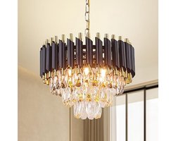 Moderne zwarte en gouden kristallen kroonluchter - Elegante drielaagse verlichting voor slaapkamer en woonkamer