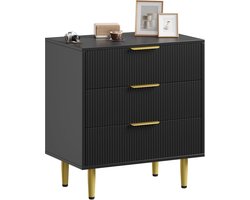 Moderne zwarte geribbelde ladekast - Houten kist met 3 lades en gouden metalen handgrepen en poten - Nachtkastje voor in de slaapkamer, opbergmeubel voor in de woonkamer of hal - Afmetingen: 71 x 43 x 76 cm, drie lades