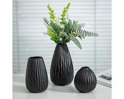 Moderne Zwarte Keramische Vazen Set van 3 voor Boho Tafeldecoratie - Ribbelvormige Vazen voor Woonkamer, Keuken en Vensterbank - 20cm, 16cm en 11cm Hoogte