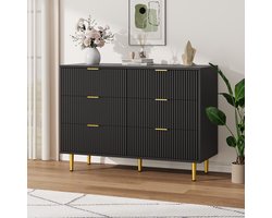 Moderne Zwarte Ladekast met 6 Lades - Dressoir met Golvend Design - Gouden Handgrepen & Poten - 100x40x75 cm - Zwart