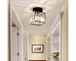 Moderne Zwarte LED Plafondlamp met Kristallen – Vierkante Kroonluchter E27 – Luxe Hanglamp voor Woonkamer, Keuken, Slaapkamer of Hal