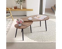 Moderne Zwarte Metalen Salontafel Set - Nest van 2 Tafels - Gouden Driehoek Design - Walnoot - Woonkamer