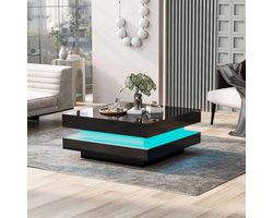 Moderne Zwarte Salontafel met LED Verlichting - Vierkante Bijzettafel voor Woonkamer en Slaapkamer