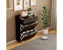 Moderne Zwarte Schoenenkast 110×24×80 cm – 2 Lades & 2 Kanteldeuren – Smalle Opbergkast voor Hal, Woonkamer & Slaapkamer