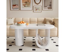 Moderner ovaler Couchtisch in Weiß, Coffee table– schlichtes Design, stabile U-förmige Beine, pflegeleichte Oberfläche, perfekt fürs Wohnzimmer, geräumiger Stauraum, Maße: 98,5 x 53,5 x 42 cm.