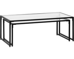 MODFU 2-delige glazen salontafelset, stapelbaar, zwart stalen frame, gehard glas, 10 kg draaglast