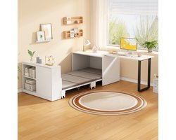 MODFU – 2-in-1 Bureau & Opklapbed – 216x116x79 cm – Opbergruimte & Wielen – Scandinavisch – Wit & Zwart