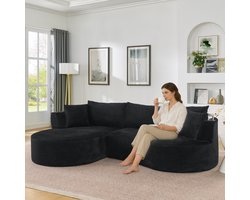 MODFU - 3-Zits Bank - Gebogen Vorm En Bekerhouders - Organisch Ontwerp - Woonkamer - Ribstof - Zwart