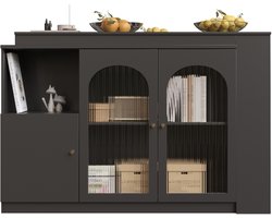 MODFU 360° draaibare barkast 120×40×97 cm – zwart MDF, glazen deur, draaibaar en ruime opberging