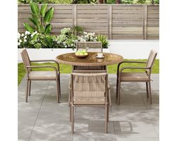 MODFU 5-delige Loungeset Tuin - Ronde Eettafel met 4 Tuinstoelen met Armleuningen - Inclusief Zitkussens - Glazen Tafelblad - Stevig IJzeren Frame - Tuinset voor Terras, Balkon of Tuin - Bruin - Tuinmeubelen