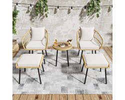 MODFU 5-delige Loungeset Tuin - Wit en Naturel - Rotan Vlechtwerk - Met Comfortabele Zitkussens - Moderne Tuinmeubelen - Loungeset voor Tuin, Terras of Balkon - Inclusief 2 Stoelen, 2 Krukken en Tafel