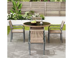MODFU - 5-Delige Tuinset - Ronde Eettafel Met Gehard Glas - 4 Stoelen Met Armleuningen - Ijzeren Frame - Grijs