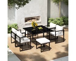 MODFU - 7-Delige Tuinset - Gehard Glas En Afneembare Kussens - Modern - Voor Terras - Metaal - Zwart-Wit