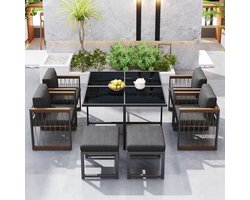 MODFU - 7-Delige Tuinset - Met Vier Fauteuils En Twee Voetbanken - Modern - Voor Terras - Metaal, Glas En Polyester - Zwart/Naturel